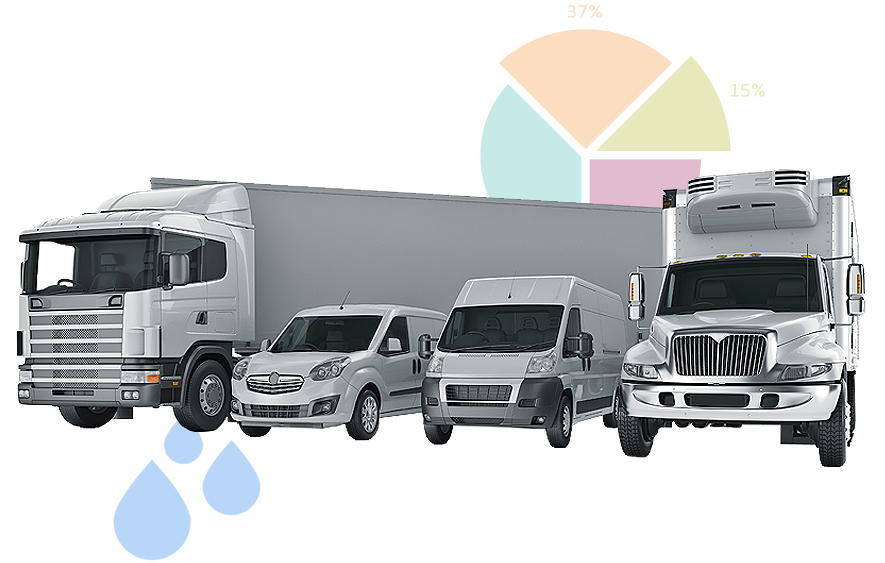 Fleet fuel services with trucks and pie chart.